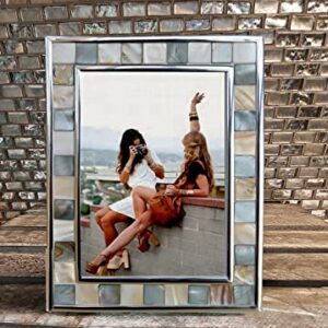 GIFTME 5 Silver Plate Picture Frame 5x7 Mother of Pearl 5 by 7 Photo Frame Mosaic Glass Tabletop Frame (Grey+ White,1pc)