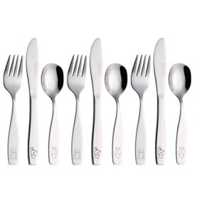 exzact children's flatware kids silverware 9pcs/toddler utensils 3 x forks, 3 x safe dinnerknives, 3 x dinner spoons - dog cat bunny engraved design