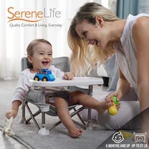 Serene Life Baby Seat Booster -Space Saver Toddler Booster Seat - Portable Pop and open Sit Folding Booster Feeding Chair - Safety Belt/Food Tray/Travel Bag - SereneLife SLBS66, Grey, 6 Piece Set