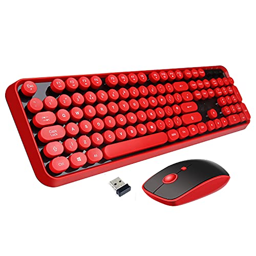 Wireless Keyboard Mouse Combo, 2.4GHz Wireless Typewriter Keyboard, Letton Full Size Office Computer Retro Keyboard and Wireless Cute Mouse with 3 DPI for Mac PC Desktop Laptop-Red