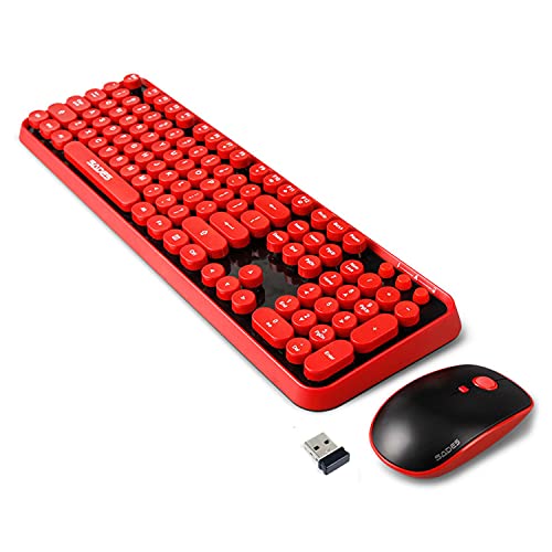 Wireless Keyboard Mouse Combo, 2.4GHz Wireless Typewriter Keyboard, Letton Full Size Office Computer Retro Keyboard and Wireless Cute Mouse with 3 DPI for Mac PC Desktop Laptop-Red