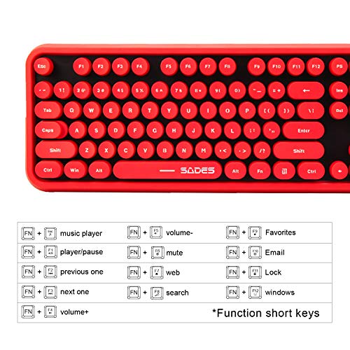Wireless Keyboard Mouse Combo, 2.4GHz Wireless Typewriter Keyboard, Letton Full Size Office Computer Retro Keyboard and Wireless Cute Mouse with 3 DPI for Mac PC Desktop Laptop-Red