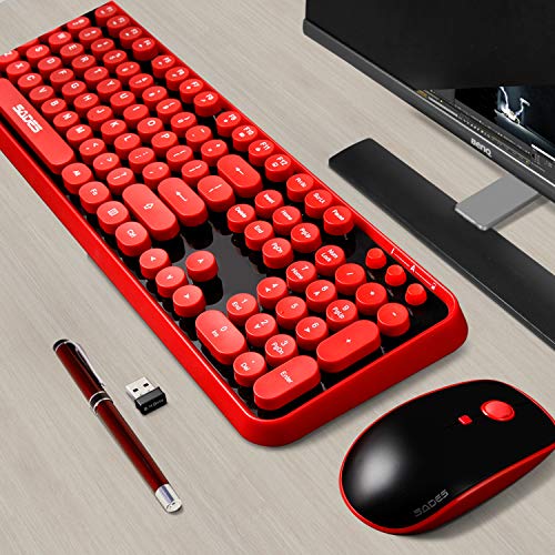 Wireless Keyboard Mouse Combo, 2.4GHz Wireless Typewriter Keyboard, Letton Full Size Office Computer Retro Keyboard and Wireless Cute Mouse with 3 DPI for Mac PC Desktop Laptop-Red