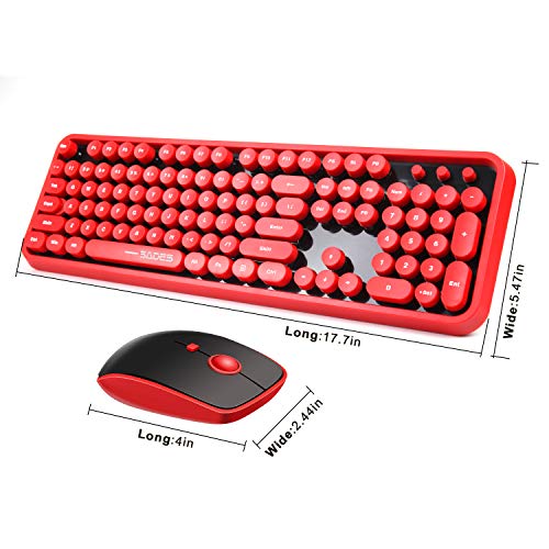 Wireless Keyboard Mouse Combo, 2.4GHz Wireless Typewriter Keyboard, Letton Full Size Office Computer Retro Keyboard and Wireless Cute Mouse with 3 DPI for Mac PC Desktop Laptop-Red