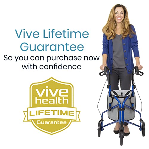 Vive Mobility 3 Wheel Walker - Three Wheeled Rollator for Seniors - Lightweight, Foldable, Narrow, Heavy Duty - for Elderly Men Women - Folding 3-Wheel Tri Scooter with Basket Bag (FSA HSA Approved)