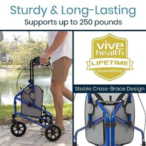 Vive Mobility 3 Wheel Walker - Three Wheeled Rollator for Seniors - Lightweight, Foldable, Narrow, Heavy Duty - for Elderly Men Women - Folding 3-Wheel Tri Scooter with Basket Bag (FSA HSA Approved)