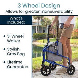 Vive Mobility 3 Wheel Walker - Three Wheeled Rollator for Seniors - Lightweight, Foldable, Narrow, Heavy Duty - for Elderly Men Women - Folding 3-Wheel Tri Scooter with Basket Bag (FSA HSA Approved)