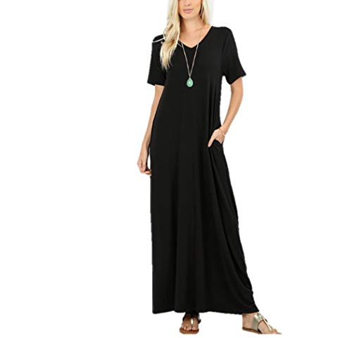 Zenana Women's Premium Casual Long Relaxed Loose T-Shirt Maxi Dress with Half Sleeves and Pockets (Black, Medium)