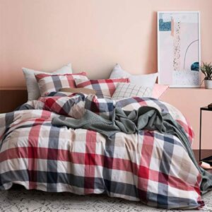 ecocott 3 pieces duvet cover set queen 100% washed cotton 1 duvet cover with zipper and 2 pillowcases, ultra soft and easy care breathable cozy simple style bedding set(red,blue and white grid)