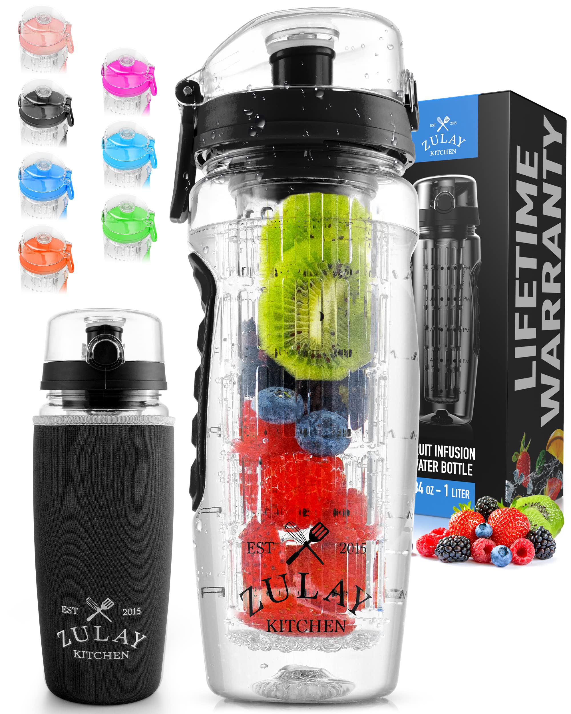 Zulay (34oz Capacity) Fruit Infuser Water Bottle with Sleeve - Anti-Slip Grip & Flip Top Lid Infused Water Bottles for Women & Men - Water Infusion Bottle - Onyx Black