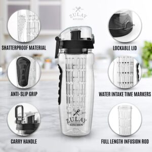 Zulay (34oz Capacity) Fruit Infuser Water Bottle with Sleeve - Anti-Slip Grip & Flip Top Lid Infused Water Bottles for Women & Men - Water Infusion Bottle - Onyx Black