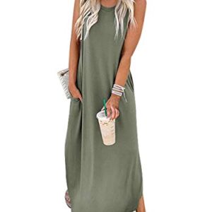 ANRABESS Women Dresses Sleeveless Split Long Maxi Beach Dress for Beach with Pockets A19ganlanlv-M Olive