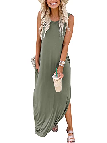 ANRABESS Women Dresses Sleeveless Split Long Maxi Beach Dress for Beach with Pockets A19ganlanlv-M Olive