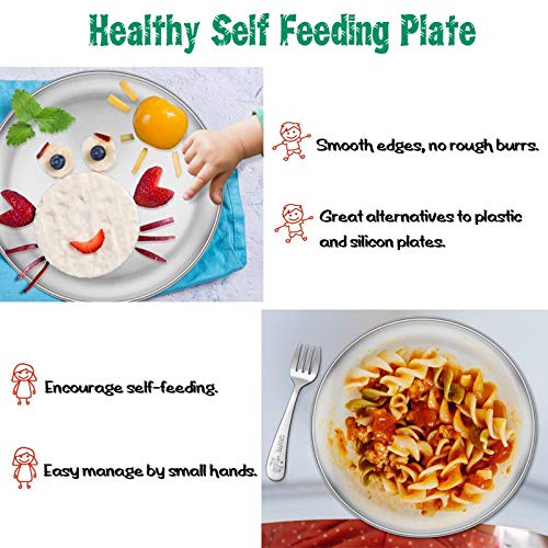 E-far Stainless Steel Plates Set of 4, 8-inch Metal Dinner Plates for Kids Toddlers, Great for Self-feeding/Picnic/Outdoor Camping, Healthy & Non-toxic, Shatterproof & Dishwasher Safe