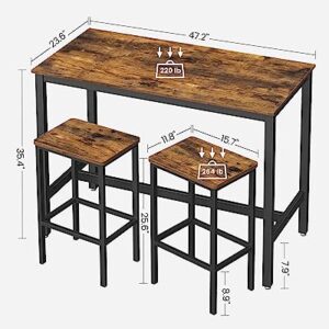 VASAGLE Bar Table Set, with 2 Bar Stools, Dining table set, Kitchen Counter with Bar Chairs, Industrial, Living Room, Party Room, Rustic Brown and Black ULBT15X