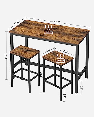 VASAGLE Bar Table Set, with 2 Bar Stools, Dining table set, Kitchen Counter with Bar Chairs, Industrial, Living Room, Party Room, Rustic Brown and Black ULBT15X