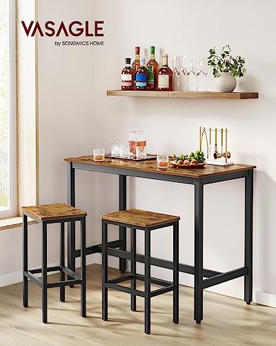 VASAGLE Bar Table Set, with 2 Bar Stools, Dining table set, Kitchen Counter with Bar Chairs, Industrial, Living Room, Party Room, Rustic Brown and Black ULBT15X