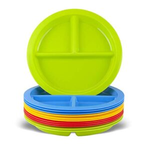 plaskidy 3 - compartment divided plates for kids - set of 12 plastic children trays for eating with dividers - 4 bright colors (3 of each color) dishwasher microwave safe bpa free for toddler and kids