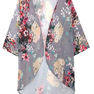 Women's Floral Print Puff Sleeve Kimono Cardigan Loose Cover Up Casual Blouse Tops(Dark Grey,L)