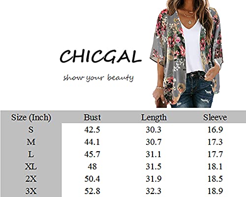 Women's Floral Print Puff Sleeve Kimono Cardigan Loose Cover Up Casual Blouse Tops(Dark Grey,L)