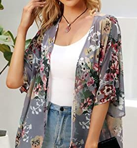 Women's Floral Print Puff Sleeve Kimono Cardigan Loose Cover Up Casual Blouse Tops(Dark Grey,L)