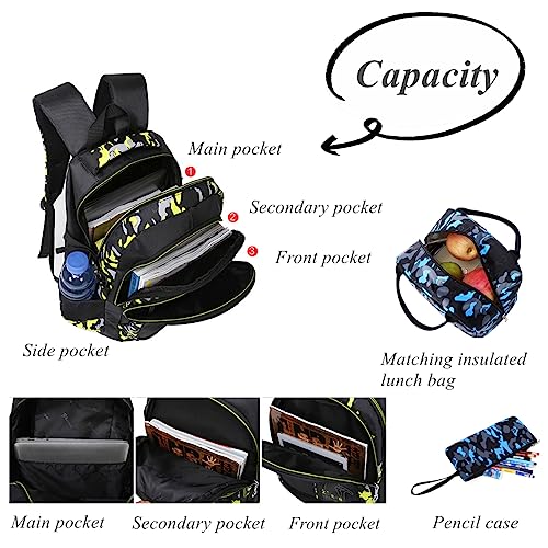 Camo-Print Primary School Backpack and Lunch-Bag Set for Boys Camouflage Elementary Bookbag Rucksack Waterproof