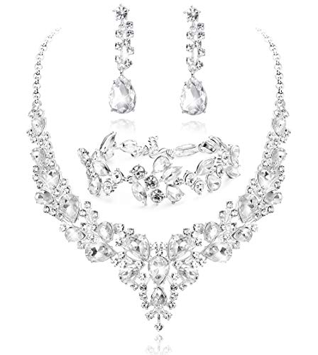 LOYALLOOK Crystal Bridal Jewelry Set for Women Rhinestone Necklace Earrings Bracelet Wedding Bridesmaid Gifts fit with Wedding Dress