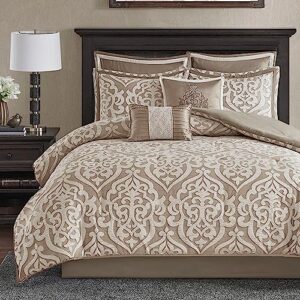 madison park odette cozy comforter set jacquard damask medallion design - modern all season, down alternative bedding, shams, decorative pillow, king(104 in x 92 in), tan 8 piece
