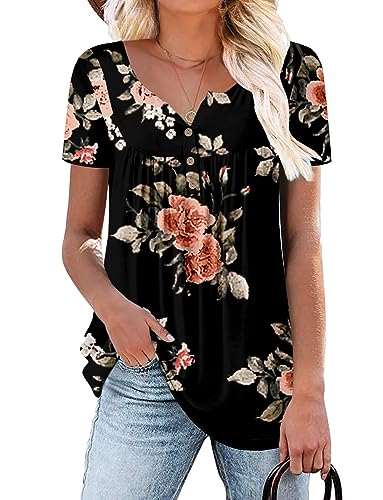 Tops for Girls Short Sleeve Ruched Tshirt Stretchy Oversized Summer Top with Buttons Black XL