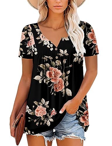 Tops for Girls Short Sleeve Ruched Tshirt Stretchy Oversized Summer Top with Buttons Black XL