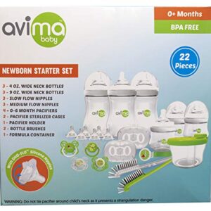 Avima Newborn Baby Bottle Starter Set. Anti-Colic Wide Neck Bottles with Slow and Medium Flow Nipples. 22 Piece Set