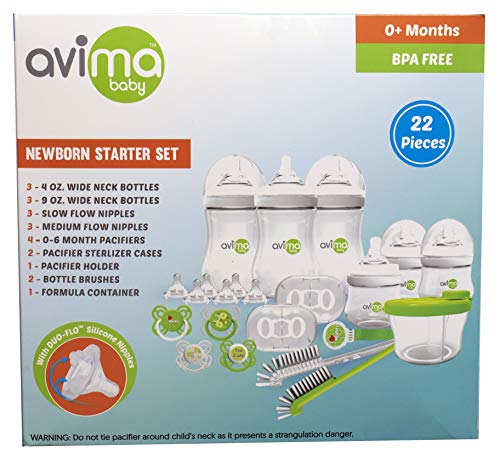 Avima Newborn Baby Bottle Starter Set. Anti-Colic Wide Neck Bottles with Slow and Medium Flow Nipples. 22 Piece Set