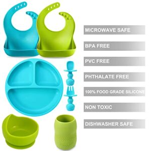 PandaEar Baby Toddlers Infants Feeding Set |Adjustable Silicone Bibs | Divided Silicone Baby Plate| Tiny Training Cup| Suction Bowls| Soft Spoon Forks| Self Feeding Baby Utensils