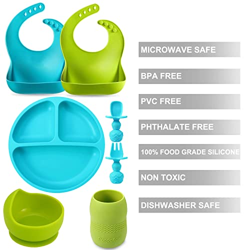 PandaEar Baby Toddlers Infants Feeding Set |Adjustable Silicone Bibs | Divided Silicone Baby Plate| Tiny Training Cup| Suction Bowls| Soft Spoon Forks| Self Feeding Baby Utensils