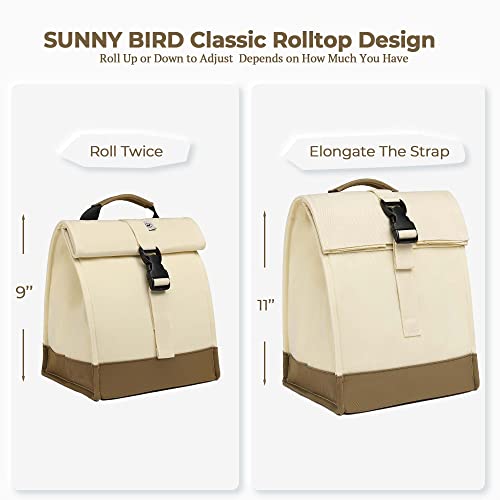 SUNNY BIRD Insulated Lunch Bag Rolltop Lunch Box Medium Lunch Cooler Tote for Women, Girls, Teens and Adults (White)