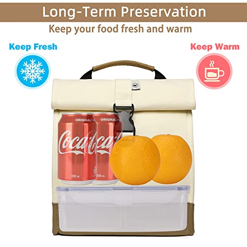 SUNNY BIRD Insulated Lunch Bag Rolltop Lunch Box Medium Lunch Cooler Tote for Women, Girls, Teens and Adults (White)