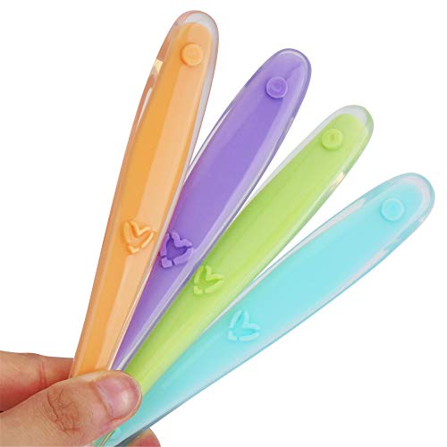 4 Pack Baby Spoon Kirecoo Soft-Tip First Stage Silicone Self Feeding Training Spoons for Baby Led Weaning with 2 Cases for Infant Baby, Best Infant Set