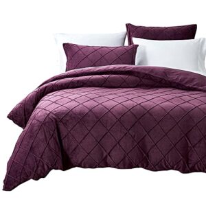 phf pleated velvet duvet cover set queen, 3pcs flannel comforter cover set for all season, ultra soft cozy velour duvet cover with pillow shams bedding collection, 90" x 92", wine red