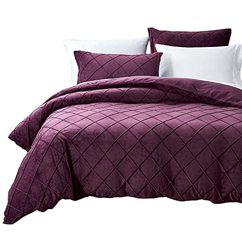 PHF Pleated Velvet Duvet Cover Set Queen, 3PCS Flannel Comforter Cover Set for All Season, Ultra Soft Cozy Velour Duvet Cover with Pillow Shams Bedding Collection, 90" x 92", Wine Red