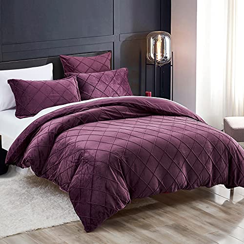 PHF Pleated Velvet Duvet Cover Set Queen, 3PCS Flannel Comforter Cover Set for All Season, Ultra Soft Cozy Velour Duvet Cover with Pillow Shams Bedding Collection, 90" x 92", Wine Red
