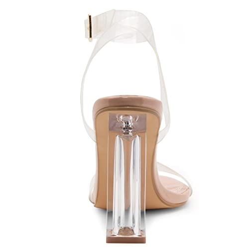 Shoe Land SL-CLLAARY Women's Perspex Heel Ankle Strap Adjustable Buckle Lucite Clear Block Chunky High Heel Open Toe Sandal ClearNude 7.0