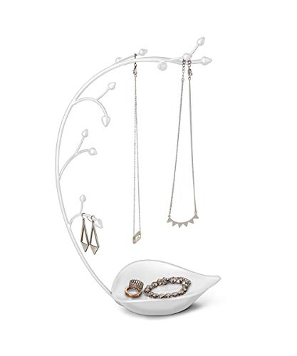 Umbra, White Orchid Jewelry Organizer and Necklace Holder with Built-In Dish for Rings, Earrings, and Bracelets