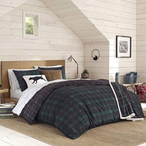 eddie bauer - queen duvet cover set, reversible cotton bedding with matching shams, plaid home decor with button closure (woodland tartan green, queen)