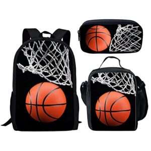 dellukee middle school backpack set for boys fashion lunch bag pencil bags book bag basketball print