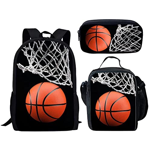 Dellukee Middle School Backpack Set For Boys Fashion Lunch Bag Pencil Bags Book Bag Basketball Print