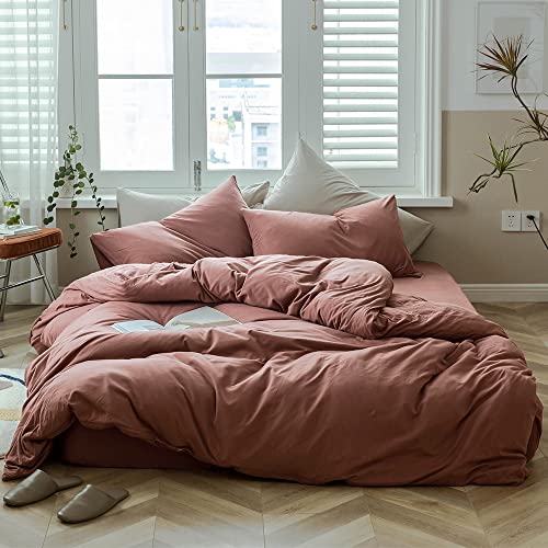 MKXI Brick Red Duvet Cover King Size Solid Red Bedding Set Breathable Soft Knitted Cotton Simple Bedroom Collection Easy Care Solid Color Adults Bedding Zipper Closure