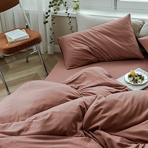 MKXI Brick Red Duvet Cover King Size Solid Red Bedding Set Breathable Soft Knitted Cotton Simple Bedroom Collection Easy Care Solid Color Adults Bedding Zipper Closure