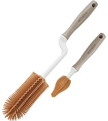 MOTHER-K Rotating Silicone Bottle Brush 2 Kinds of Sets, Silicone Bottle Cleaning Brush Water Bottle Cleaner for Washing Baby Bottles, Sports Bottle, Vase, and Glassware (Brown)