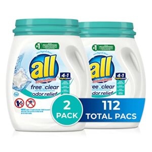 all mighty pacs laundry detergent, free clear odor relief, tub, 56 count (pack of 2), 112 total loads