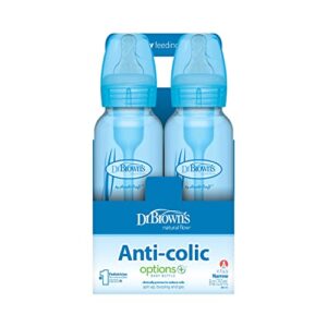 Dr. Brown’s Natural Flow® Anti-Colic Options+™ Narrow Baby Bottles, 8 oz/250ml, with Level 1 Slow Flow Nipple, 4 Pack, Blue/Clear